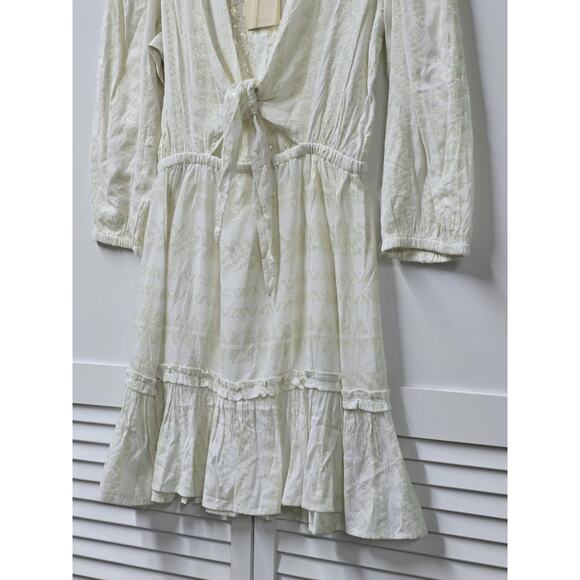 Womens Elan White Gold Metallic Knot 3/4 Puff Sleeve Ruffle Cottage Boho Dress - Picture 4 of 6